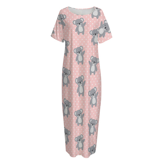 Polka Dot Koala Pattern Print Short Sleeve Long Nightdress