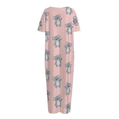 Polka Dot Koala Pattern Print Short Sleeve Long Nightdress