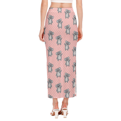 Polka Dot Koala Pattern Print Side Slit Maxi Skirt