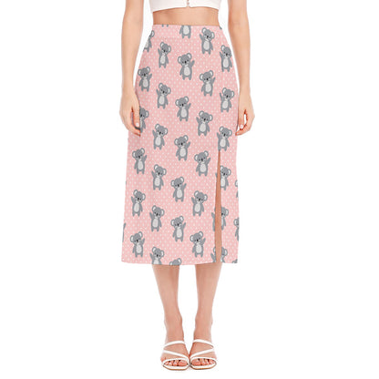 Polka Dot Koala Pattern Print Side Slit Midi Skirt