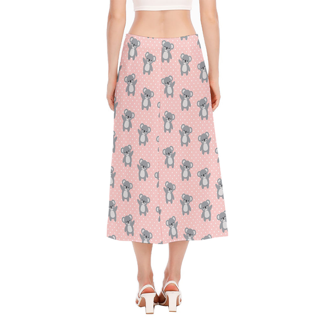 Polka Dot Koala Pattern Print Side Slit Midi Skirt
