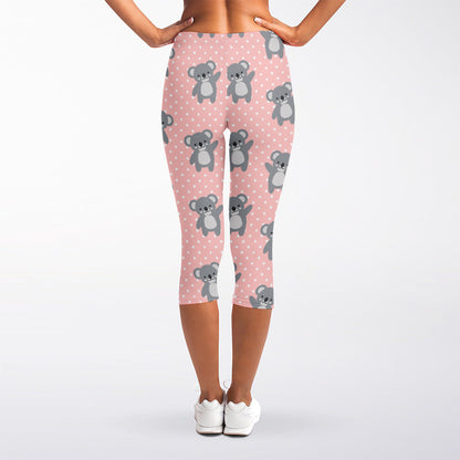 Polka Dot Koala Pattern Print Women's Capri Leggings