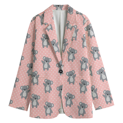 Polka Dot Koala Pattern Print Women's Cotton Blazer