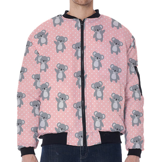 Polka Dot Koala Pattern Print Zip Sleeve Bomber Jacket