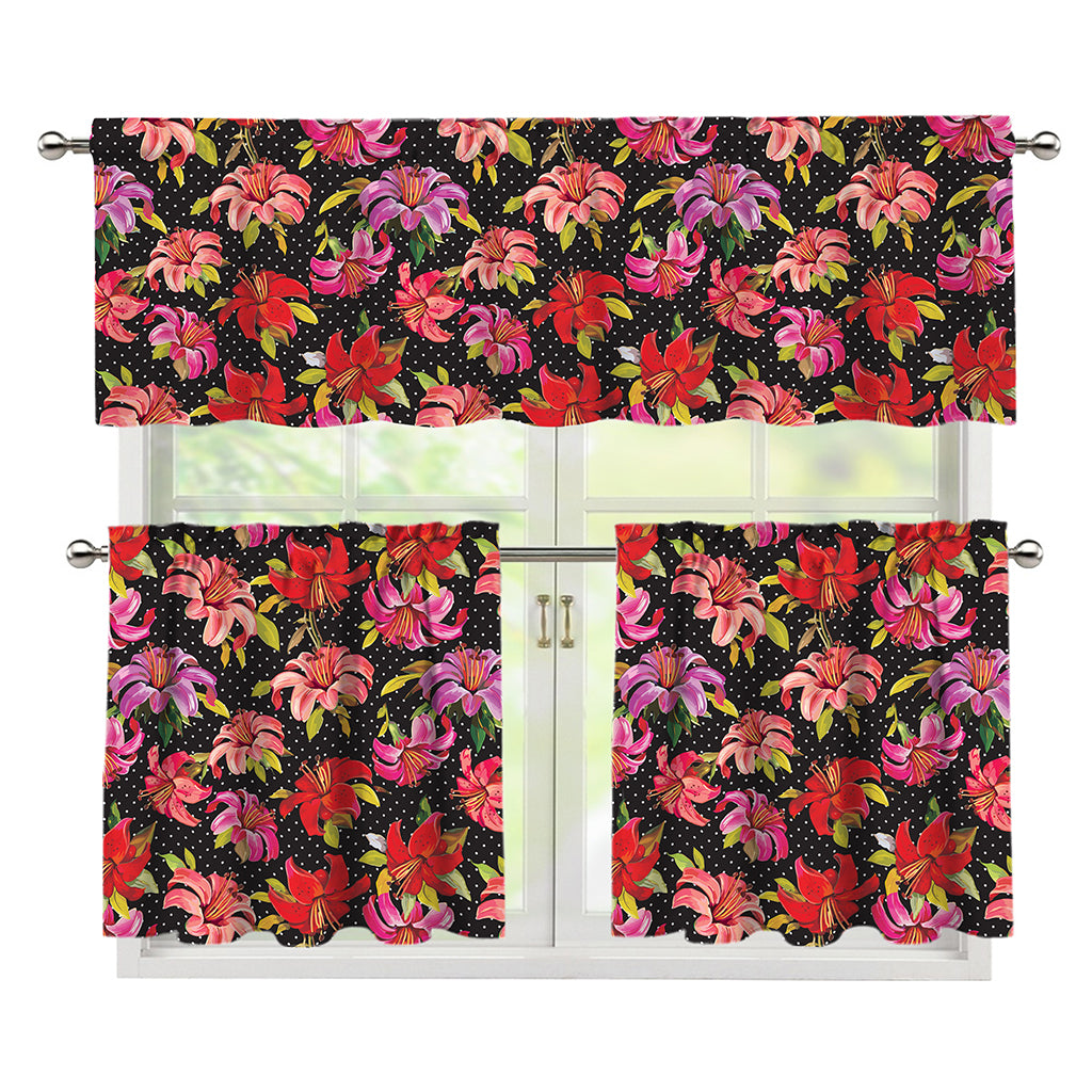 Polka Dot Lily Pattern Print 3 Piece Kitchen Curtains