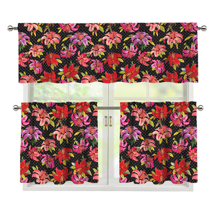 Polka Dot Lily Pattern Print 3 Piece Kitchen Curtains