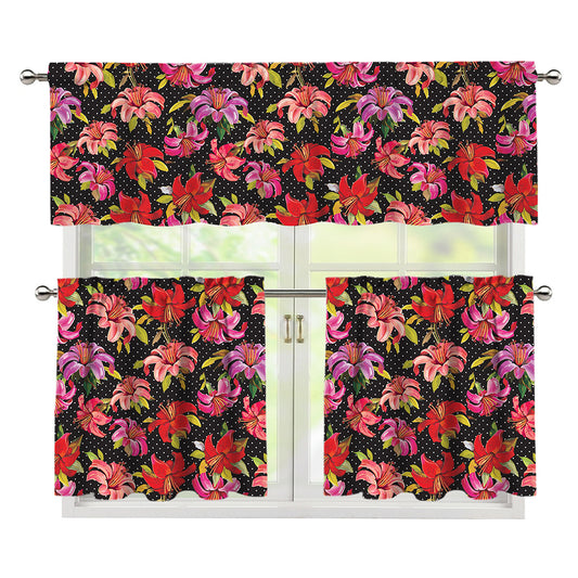 Polka Dot Lily Pattern Print 3 Piece Kitchen Curtains