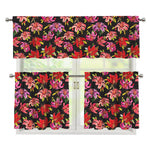 Polka Dot Lily Pattern Print 3 Piece Kitchen Curtains