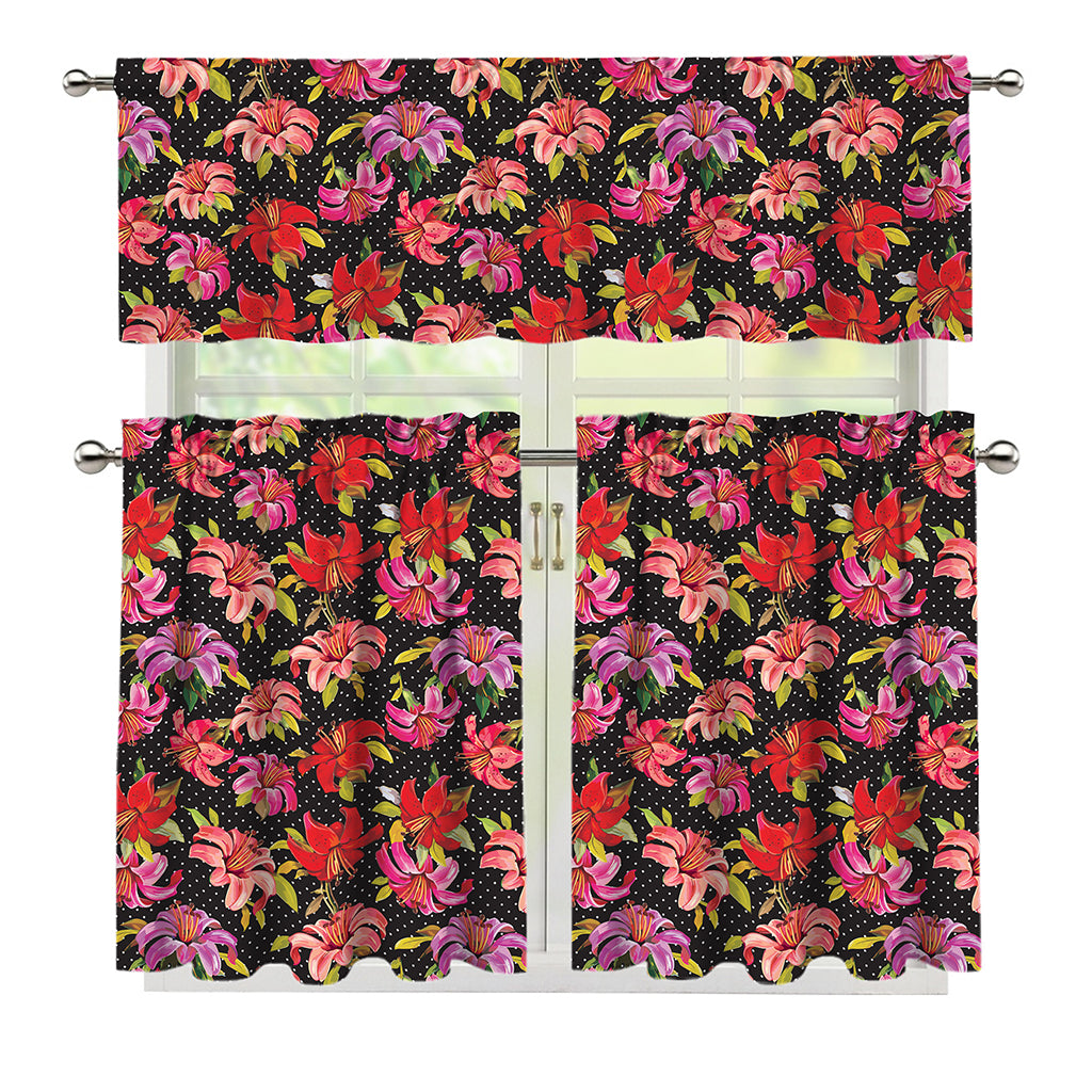 Polka Dot Lily Pattern Print 3 Piece Kitchen Curtains