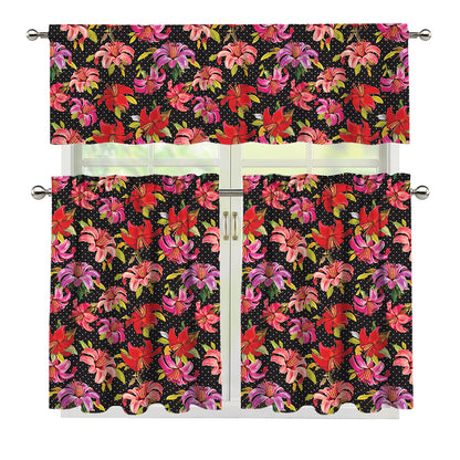 Polka Dot Lily Pattern Print 3 Piece Kitchen Curtains