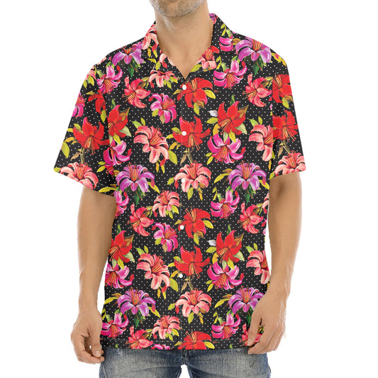 Polka Dot Lily Pattern Print Aloha Shirt