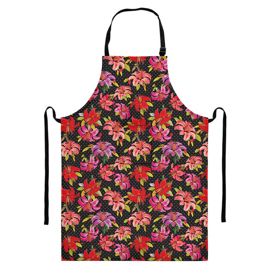 Polka Dot Lily Pattern Print Bib Apron With Pocket