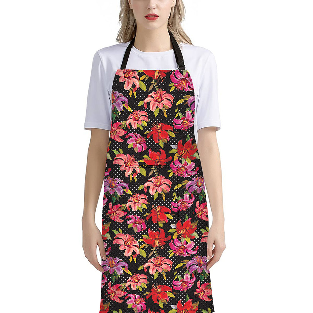 Polka Dot Lily Pattern Print Bib Apron With Pocket