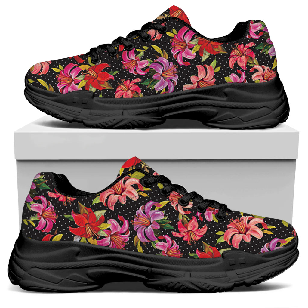 Polka Dot Lily Pattern Print Black Chunky Shoes