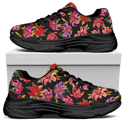 Polka Dot Lily Pattern Print Black Chunky Shoes