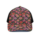 Polka Dot Lily Pattern Print Black Mesh Trucker Cap