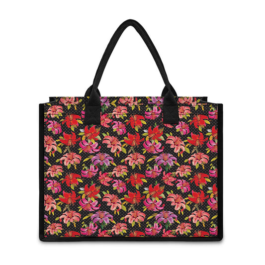 Polka Dot Lily Pattern Print Canvas Tote Bag