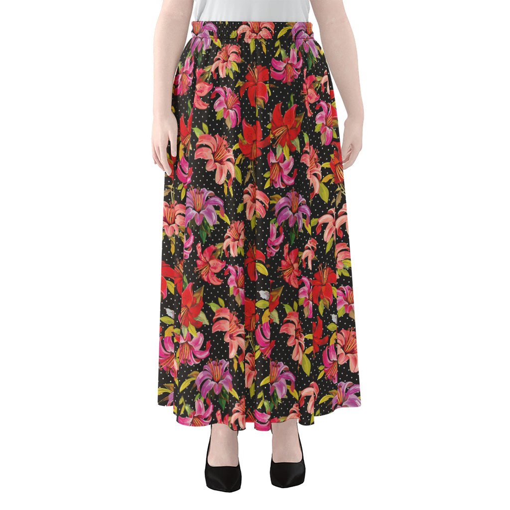 Polka Dot Lily Pattern Print Chiffon Maxi Skirt