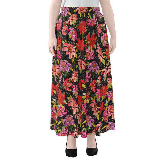 Polka Dot Lily Pattern Print Chiffon Maxi Skirt