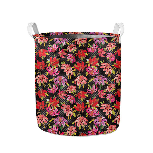 Polka Dot Lily Pattern Print Collapsible Laundry Basket