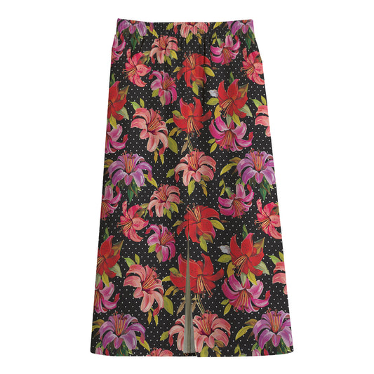 Polka Dot Lily Pattern Print Cotton Front Slit Maxi Skirt