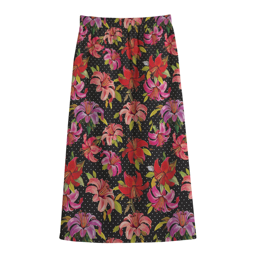 Polka Dot Lily Pattern Print Cotton Front Slit Maxi Skirt