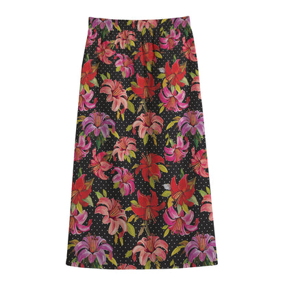 Polka Dot Lily Pattern Print Cotton Front Slit Maxi Skirt