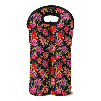 Polka Dot Lily Pattern Print Double Neoprene Wine Tote