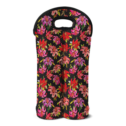 Polka Dot Lily Pattern Print Double Neoprene Wine Tote