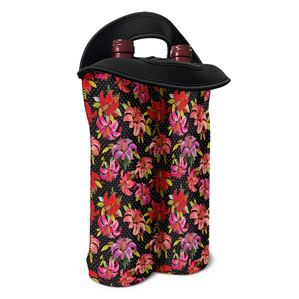 Polka Dot Lily Pattern Print Double Neoprene Wine Tote