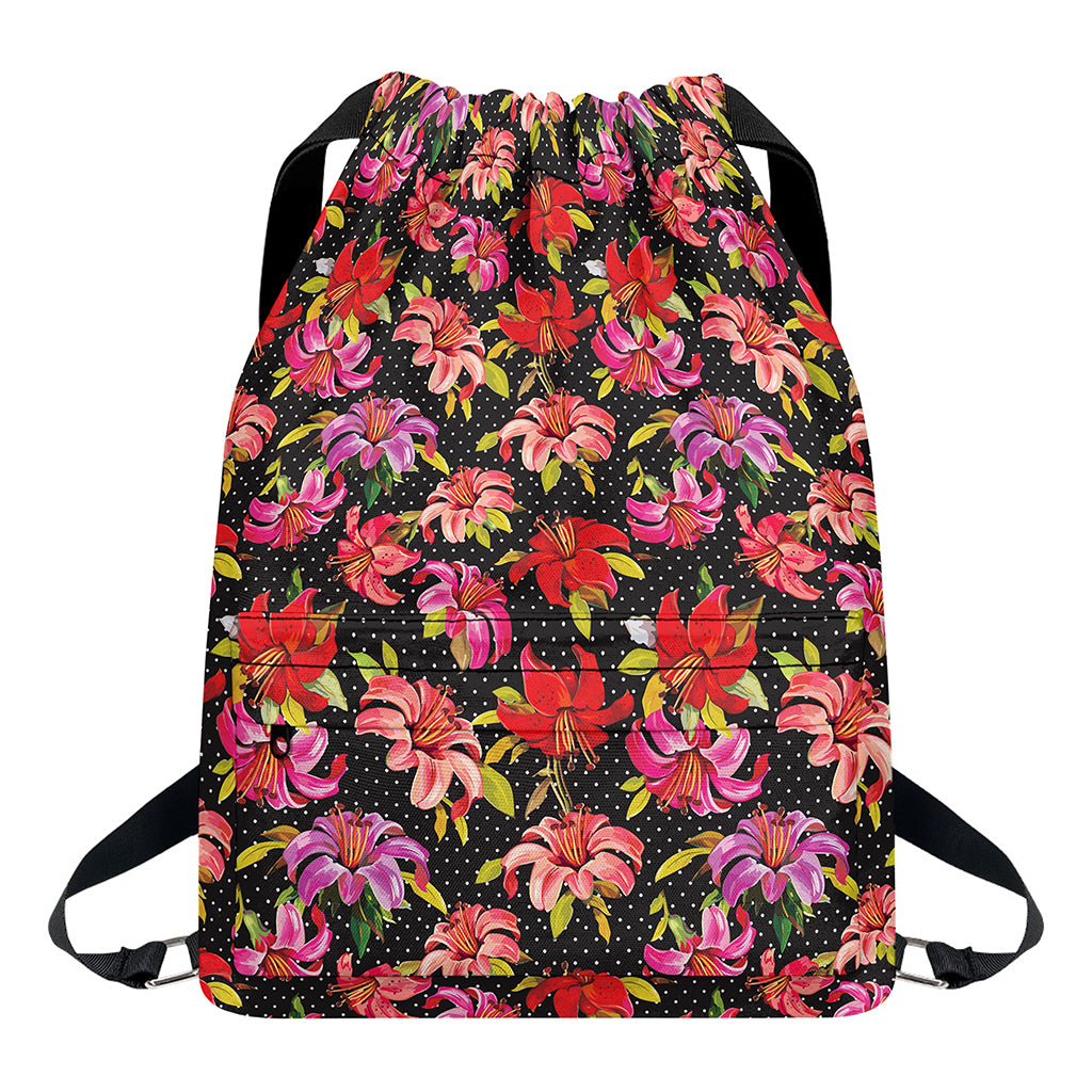 Polka Dot Lily Pattern Print Drawstring Backpack