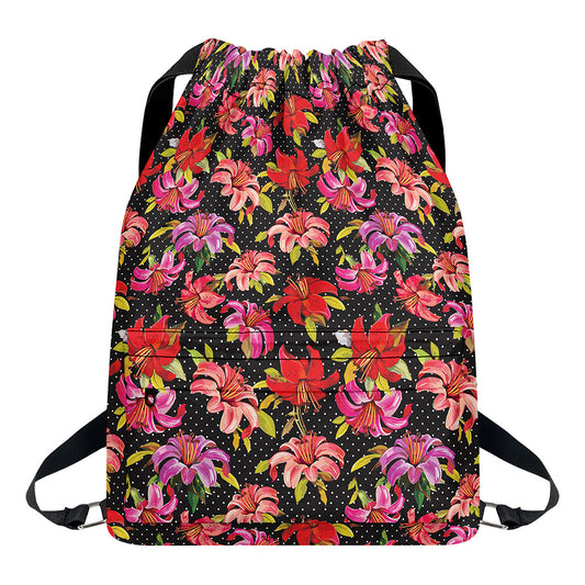 Polka Dot Lily Pattern Print Drawstring Backpack