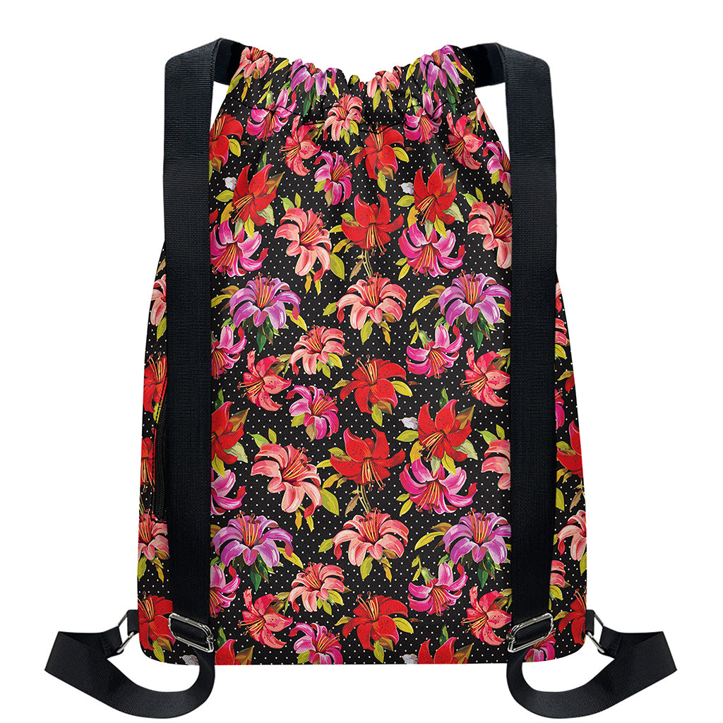 Polka Dot Lily Pattern Print Drawstring Backpack