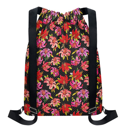 Polka Dot Lily Pattern Print Drawstring Backpack