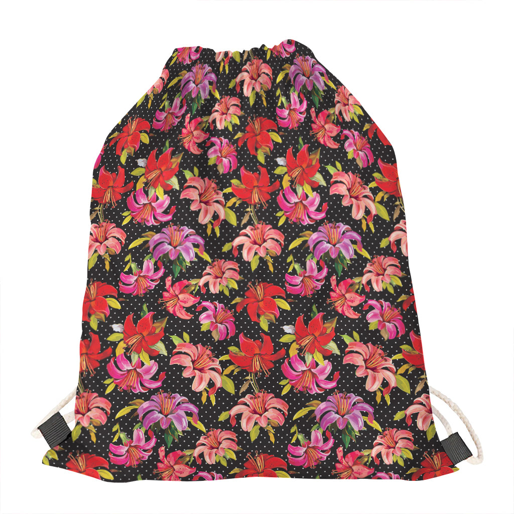 Polka Dot Lily Pattern Print Drawstring Bag