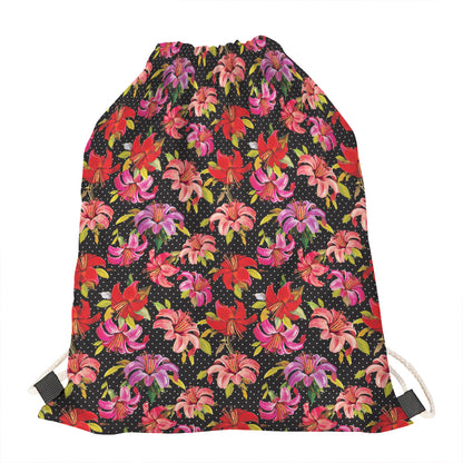 Polka Dot Lily Pattern Print Drawstring Bag