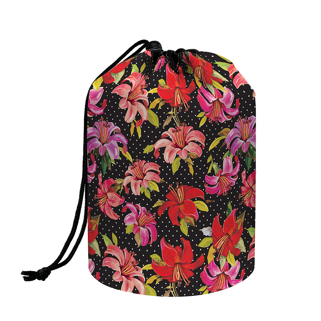 Polka Dot Lily Pattern Print Drawstring Makeup Bag