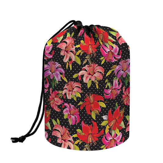 Polka Dot Lily Pattern Print Drawstring Makeup Bag