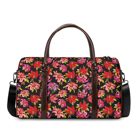 Polka Dot Lily Pattern Print Duffle Bag