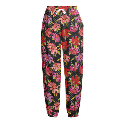Polka Dot Lily Pattern Print Fleece Lined Knit Pants