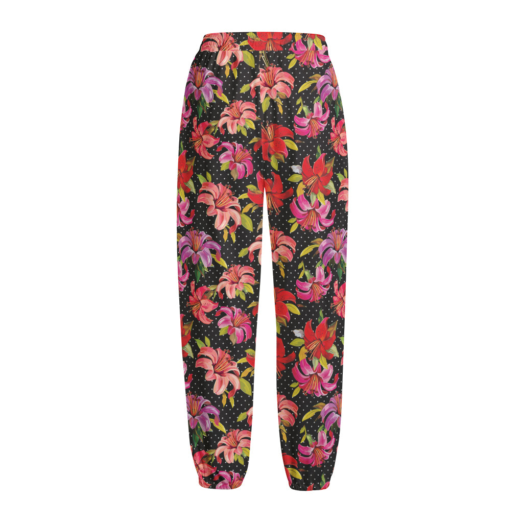 Polka Dot Lily Pattern Print Fleece Lined Knit Pants