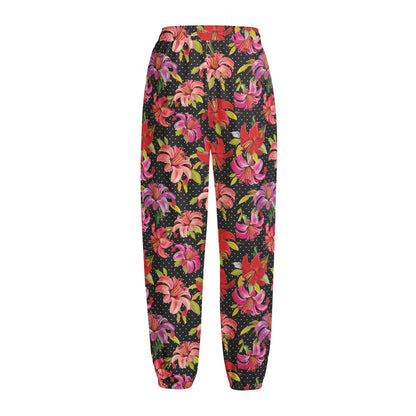 Polka Dot Lily Pattern Print Fleece Lined Knit Pants