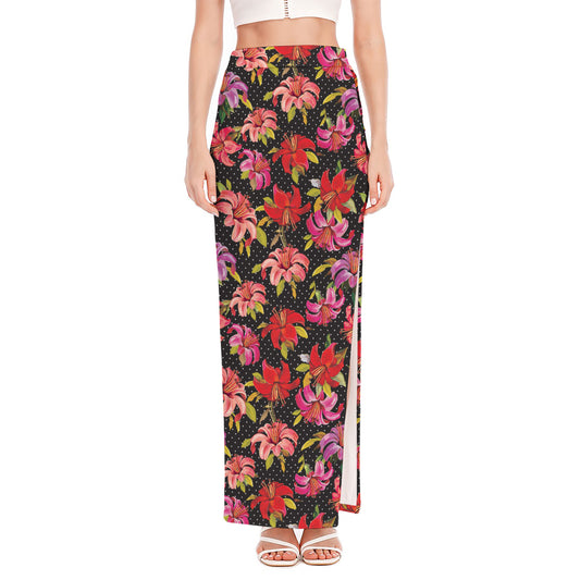 Polka Dot Lily Pattern Print High Slit Maxi Skirt