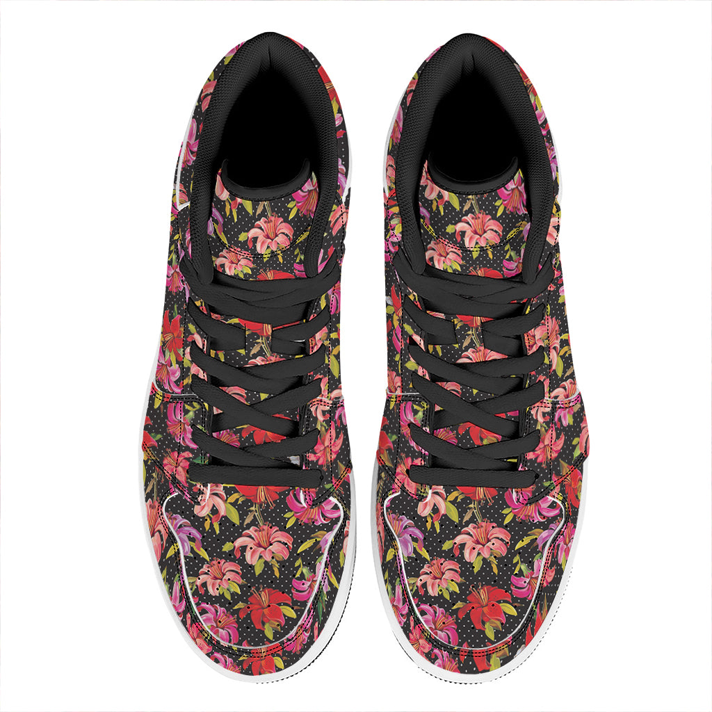 Polka Dot Lily Pattern Print High Top Leather Sneakers