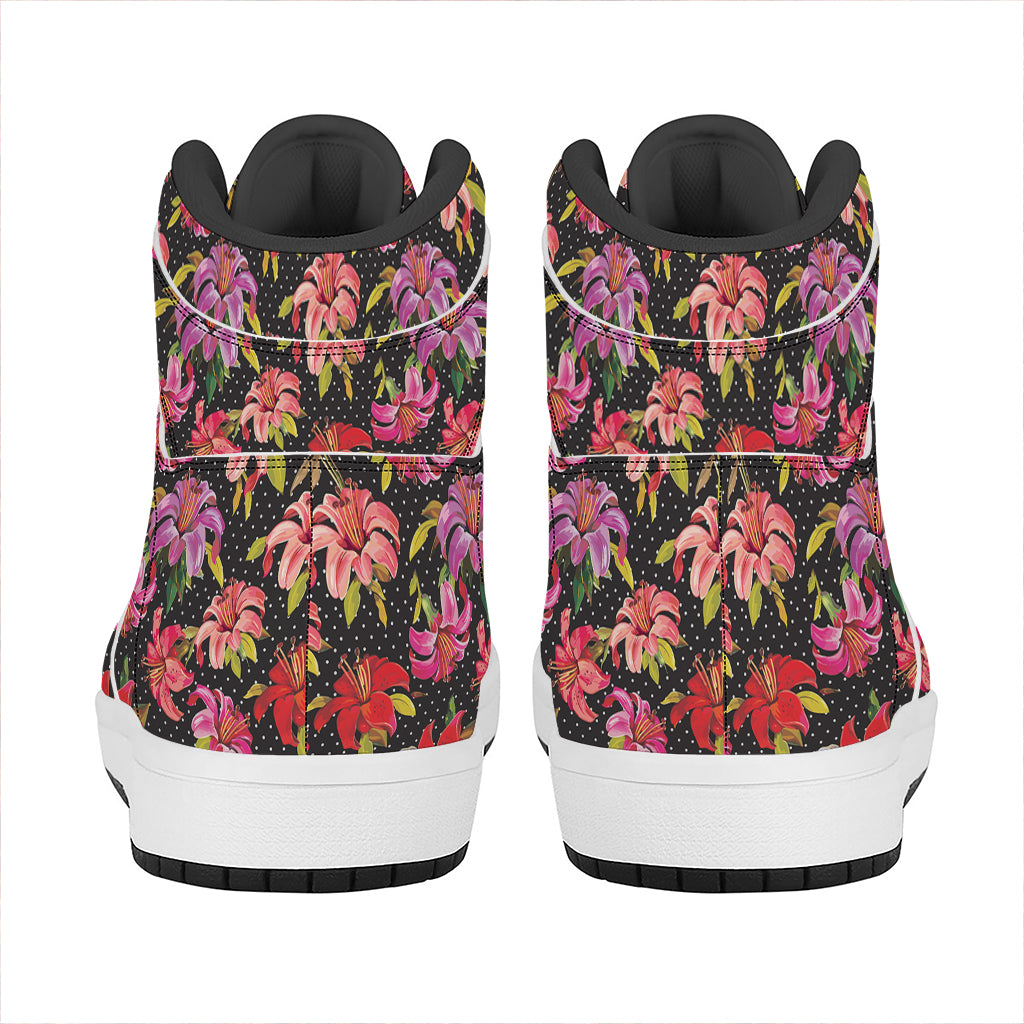 Polka Dot Lily Pattern Print High Top Leather Sneakers