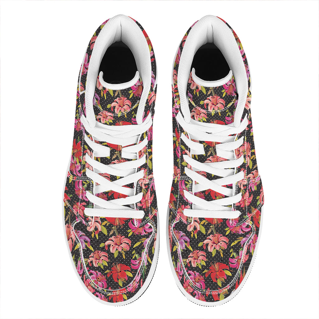 Polka Dot Lily Pattern Print High Top Leather Sneakers