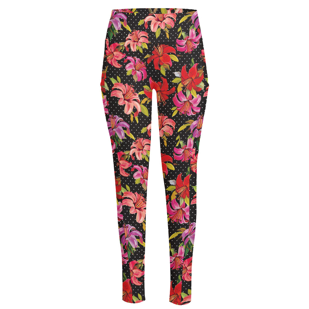 Polka Dot Lily Pattern Print High-Waisted Pocket Leggings