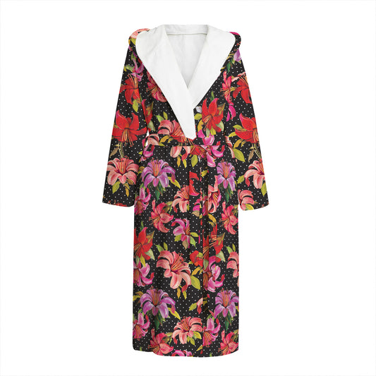 Polka Dot Lily Pattern Print Hooded Bathrobe