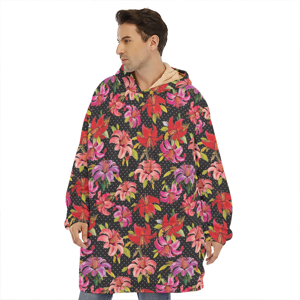 Polka Dot Lily Pattern Print Hoodie Blanket