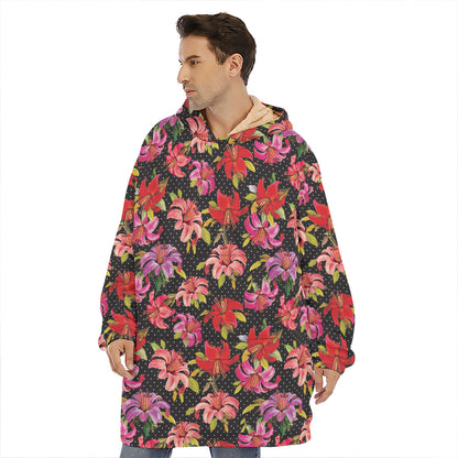 Polka Dot Lily Pattern Print Hoodie Blanket